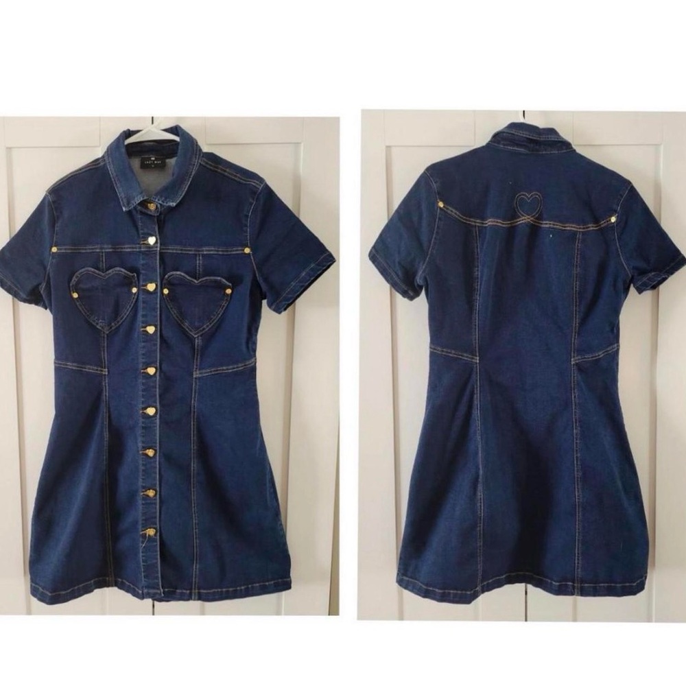 RARE Lazy Oaf denim heart pocket button dress UK 12